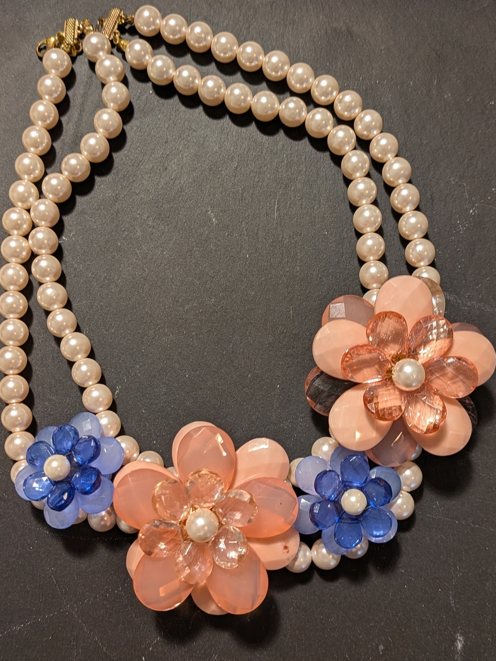 Pearl Necklace with Pink and Blue Flower Accents